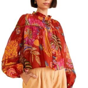 Farm Rio Mystic Bush Red Floral Blouse Tropical Print
